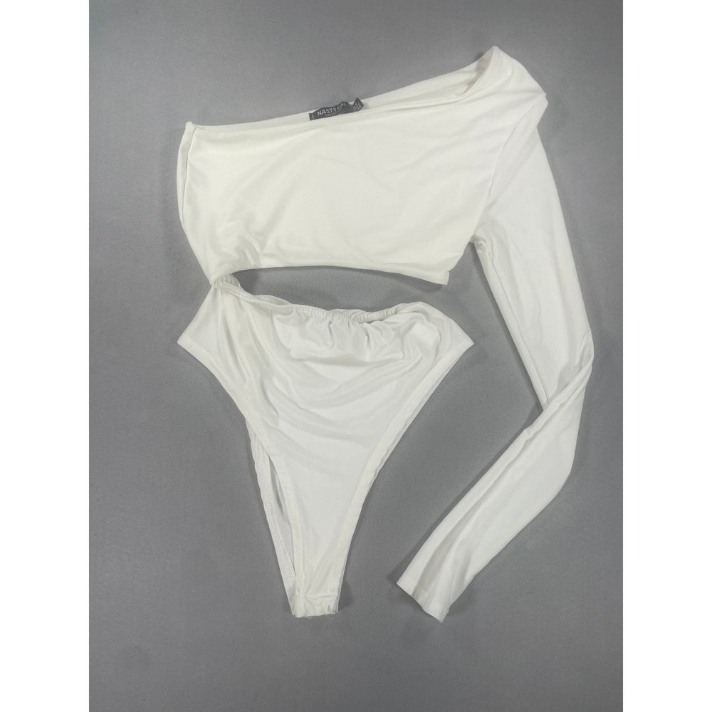 Nasty Gal Collection White One Shoulder Cutout Long Sleeve Bodysuit USA 2‎